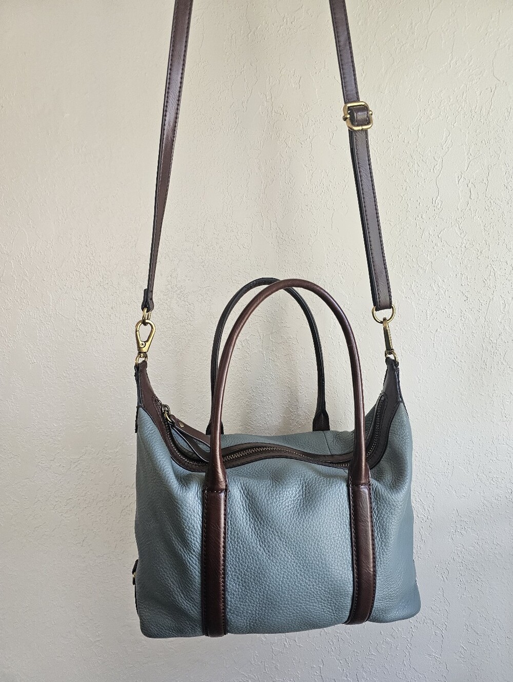 Fossil Blue & Brown Pebbled Leather Convertible Satchel Bag Crossbody Handbag